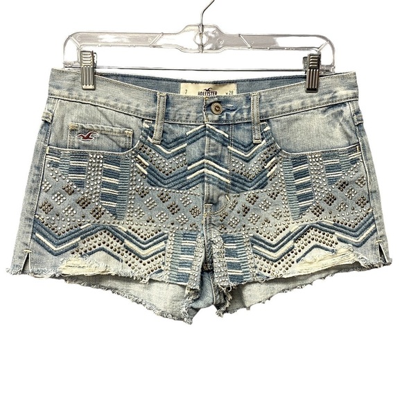 Hollister Pants - Hollister studded denim jean shorts light wash bedazzled raw hem womens